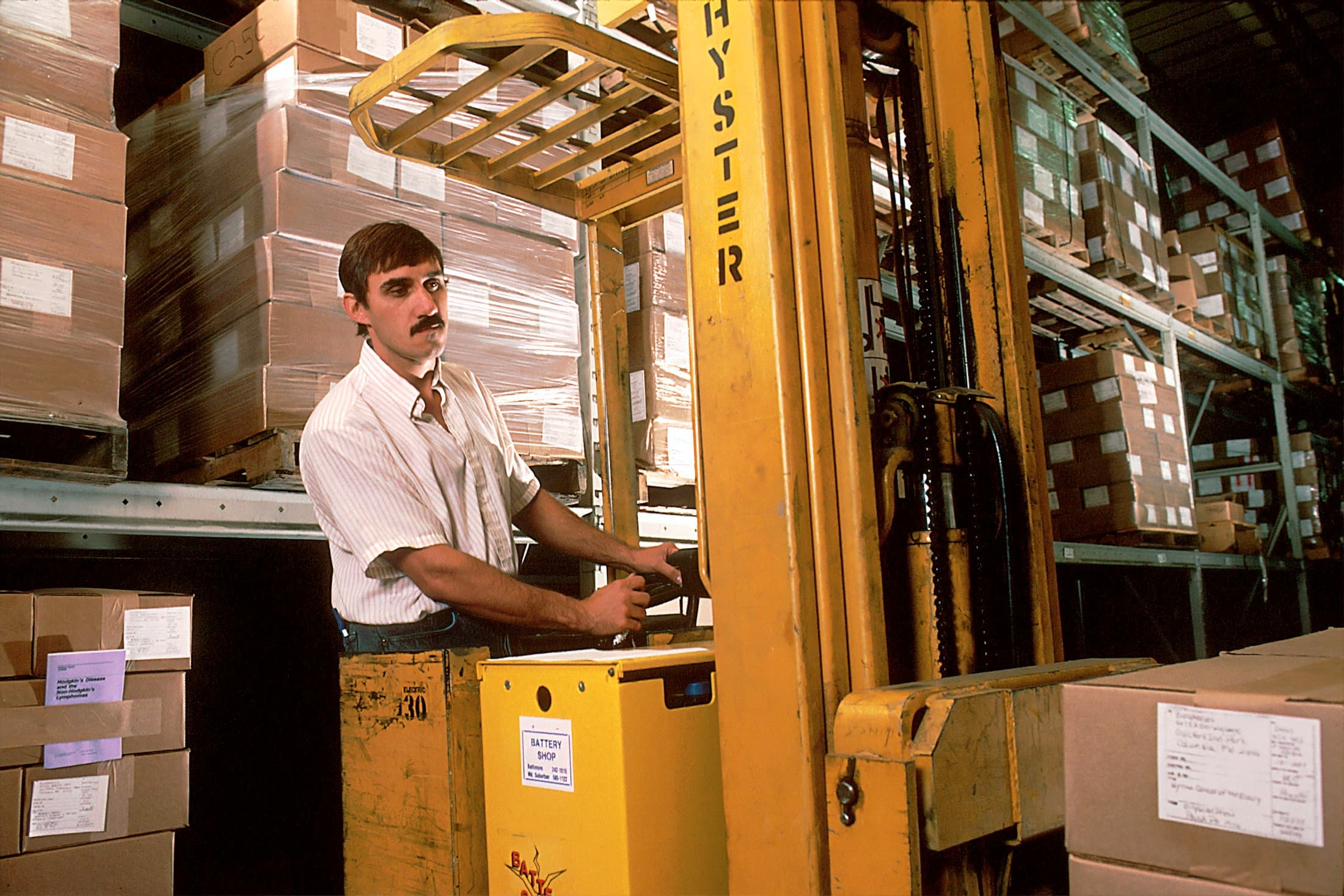 Forklift staging crated stone for freight